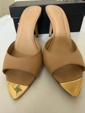 INC International Concepts Nude Tan Pointed Toe Mule Heels with Gold Cap